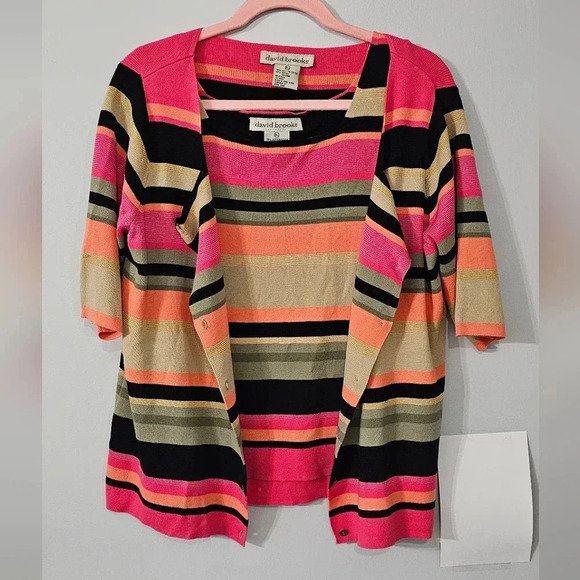 david brooks Sweaters - Vintage David Brooks Striped Cardigan - Pink, Black, Orange, Green, Cream